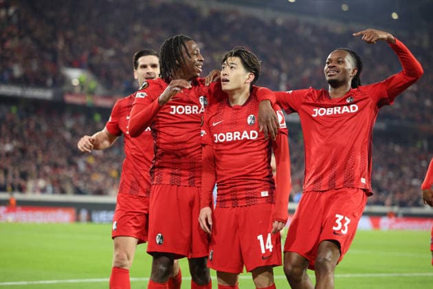 19 03 2026, xrekx, Football UEFA Europa League, SC Freiburg KRC Genk v l Goal celebration after the goal celebrating the goal celebrate 4 1 by Yuito Suzuki SC Freiburg with Igor Matanovic SC Freiburg Johan Manzambi SC Freiburg Jordy Makengo SC Freiburg DFL DFB REGULATIONS PROHIBIT ANY USE OF PHOTOGRAPHS as IMAGE SEQUENCES and or QUASI VIDEO Freiburg