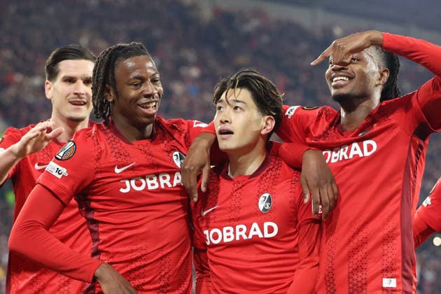 19 03 2026, xrekx, Football UEFA Europa League, SC Freiburg KRC Genk v l Goal celebration after the goal celebrating the goal celebrate 4 1 by Yuito Suzuki SC Freiburg Igor Matanovic SC Freiburg Johan Manzambi SC Freiburg Jordy Makengo SC Freiburg DFL DFB REGULATIONS PROHIBIT ANY USE OF PHOTOGRAPHS as IMAGE SEQUENCES and or QUASI VIDEO Freiburg