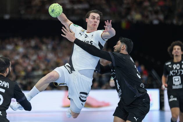 Germany Egypt, handball test match Miro Schluroff Germany, 5 prevails against Mahmoud Abdelaziz Egypt, 35 Mens international handball match between Germany and Egypt at the Westfalenhalle in Dortmund on March 19, 2026, Dortmund North Rhine-Westphalia Germany Westfalenhalle