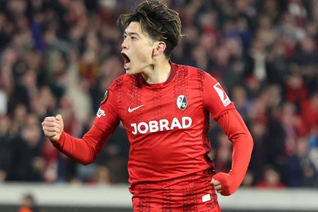 19 03 2026, xrekx, Football UEFA Europa League, SC Freiburg KRC Genk v l Goal celebration after the goal to celebrate the goal celebrate 4 1 by Yuito Suzuki SC Freiburg DFL DFB REGULATIONS PROHIBIT ANY USE OF PHOTOGRAPHS as IMAGE SEQUENCES and or QUASI VIDEO Freiburg