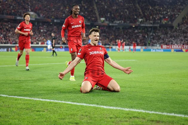 19 03 2026, xrekx, Football UEFA Europa League, SC Freiburg KRC Genk v l Goal celebration after the goal to celebrate the goal celebrate 5 1 by Maximilian Eggestein SC Freiburg DFL DFB REGULATIONS PROHIBIT ANY USE OF PHOTOGRAPHS as IMAGE SEQUENCES and or QUASI VIDEO Freiburg