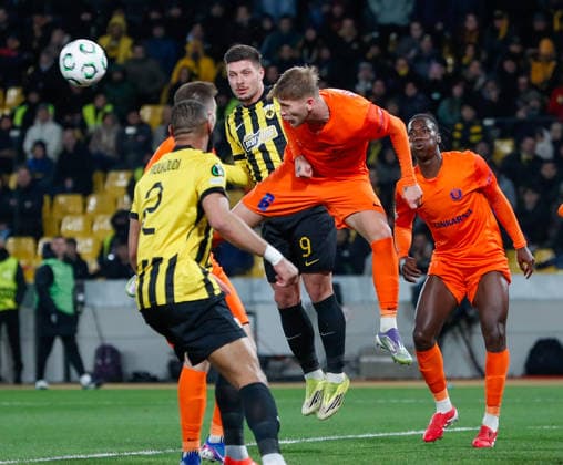 AEK Athens v NK Celje UEFA Europa League Artemijus Tutyskinas of NK Celje heads the ball during the UEFA Europa League Round of 16 Second Leg match at Allwyn Arena, Athens 19 03 2026 UK Newspapers OUT Copyright: xYannisxHalasx FIL-23160-0044