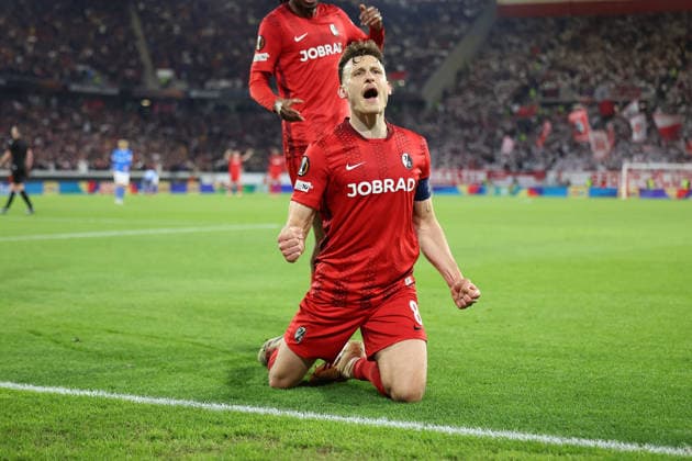 19 03 2026, xrekx, Football UEFA Europa League, SC Freiburg KRC Genk v l Goal celebration after the goal to celebrate the goal celebrate 5 1 by Maximilian Eggestein SC Freiburg DFL DFB REGULATIONS PROHIBIT ANY USE OF PHOTOGRAPHS as IMAGE SEQUENCES and or QUASI VIDEO Freiburg