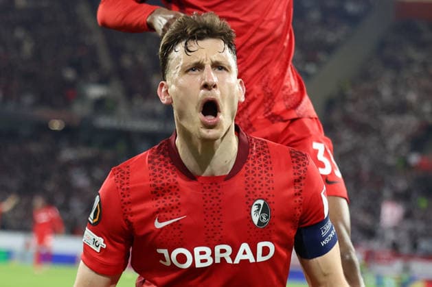 19 03 2026, xrekx, Football UEFA Europa League, SC Freiburg KRC Genk v l Goal celebration after the goal to celebrate the goal celebrate 5 1 by Maximilian Eggestein SC Freiburg DFL DFB REGULATIONS PROHIBIT ANY USE OF PHOTOGRAPHS as IMAGE SEQUENCES and or QUASI VIDEO Freiburg