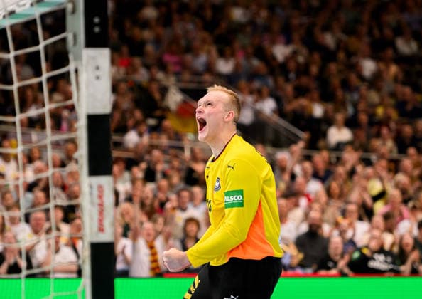 Cheering Goalkeeper David Spaeth Späth GER Handball Laenderspiel Maenner Germany GER Egypt EGY , on 19 03 2026 in Dortmund Germany Â