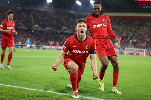 19 03 2026, xrekx, Football UEFA Europa League, SC Freiburg KRC Genk v l Goal celebration after the goal to celebrate the goal celebrate 5 1 by Maximilian Eggestein SC Freiburg DFL DFB REGULATIONS PROHIBIT ANY USE OF PHOTOGRAPHS as IMAGE SEQUENCES and or QUASI VIDEO Freiburg