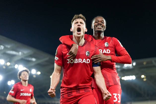 Maximilian Eggestein SC Freiburg, 08 , Jordy Makengo SC Freiburg, 33 , Goal celebration, Emotions, Goal shot, Goal, Goal, Goal, Germany, Football, UEFA Europa League, Round of 16, Second leg, 2025 2026, SC Freiburg vs KRC Genk, 19 03 2026, Europa Park Stadion, Freiburg, Germany Freiburg Europa Park Stadion Baden Württemberg Germany Copyright: xArnexAmbergx