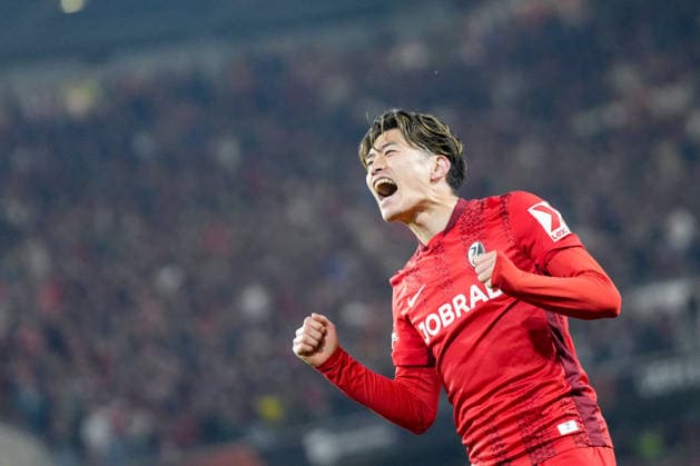 Yuito Suzuki SC Freiburg, 14 goal celebration, emotions, goal shot, finish, goal success, goal, goal , Germany, football, UEFA Europa League, round of 16, second leg, 2025 2026, SC Freiburg vs KRC Genk, 19 03 2026, Europa Park Stadion, Freiburg, Germany Freiburg Europa Park Stadion Baden Württemberg Germany Copyright: xArnexAmbergx