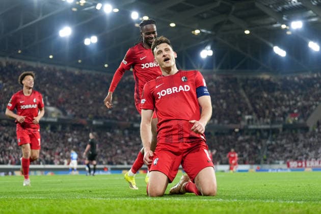 Maximilian Eggestein SC Freiburg, 08 goal celebration, emotions, goal shot, finish, goal success, goal, goal , Germany, football, UEFA Europa League, round of 16, second leg, 2025 2026, SC Freiburg vs KRC Genk, 19 03 2026, Europa Park Stadion, Freiburg, Germany Freiburg Europa Park Stadion Baden Württemberg Germany Copyright: xArnexAmbergx