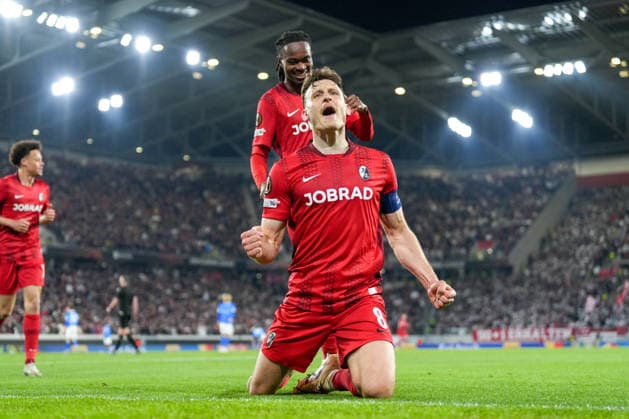 Maximilian Eggestein SC Freiburg, 08 , goal celebration, emotions, shot on goal, finish, goal success, goal, goal , Germany, football, UEFA Europa League, round of 16, second leg, 2025 2026, SC Freiburg vs KRC Genk, 19 03 2026, Europa Park Stadion, Freiburg, Germany Freiburg Europa Park Stadion Baden Württemberg Germany Copyright: xArnexAmbergx