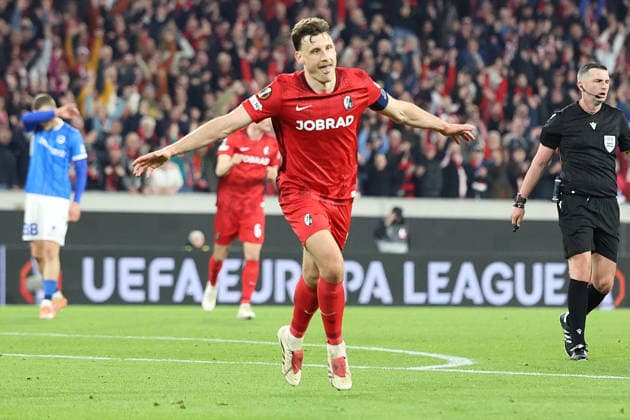 19 03 2026, xrekx, Football UEFA Europa League, SC Freiburg KRC Genk v l Goal celebration after the goal to celebrate the goal celebrate 5 1 by Maximilian Eggestein SC Freiburg DFL DFB REGULATIONS PROHIBIT ANY USE OF PHOTOGRAPHS as IMAGE SEQUENCES and or QUASI VIDEO Freiburg