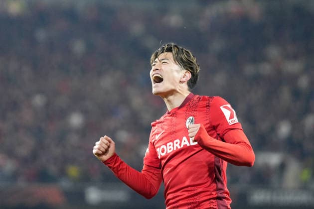 Yuito Suzuki SC Freiburg, 14 goal celebration, emotions, goal shot, finish, goal success, goal, goal , Germany, football, UEFA Europa League, round of 16, second leg, 2025 2026, SC Freiburg vs KRC Genk, 19 03 2026, Europa Park Stadion, Freiburg, Germany Freiburg Europa Park Stadion Baden Württemberg Germany Copyright: xArnexAmbergx