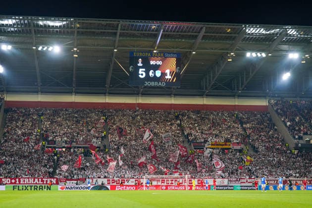 Germany Soccer UEFA Europa League 2025 2026, round of 16 SC Freiburg vs KRC Genk Europa Park Stadium joy, emotions, cheering, sports venue, long shot, inside interior view, scoreboard, final score Copyright: xJOERANxSTEINSIEKx
