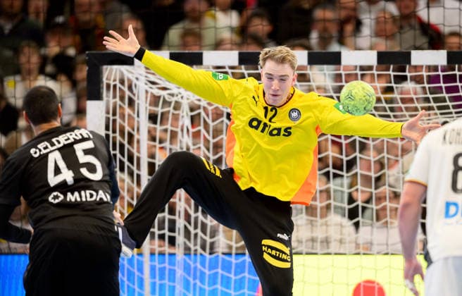 Action Goalkeeper Lasse Ludwig r GER against Seif Elderea EGY , Handball international match Men Germany GER Egypt EGY , on 19 03 2026 in Dortmund Germany Â