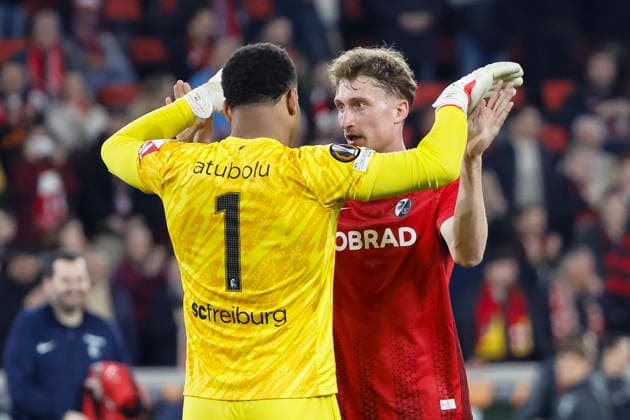 Noah Atubolu SC Freiburg, 01 and Patrick Osterhage SC Freiburg, 06 after the match , Germany, Football, UEFA Europa League, Round of 16, 2025 2026, SC Freiburg vs KRC Genk, 19 03 2026, Freiburg im Breisgau Europa Park Stadion Germany Copyright: xGrantxHubbsx