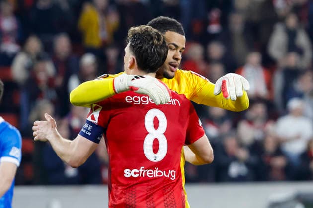 Maximilian Eggestein SC Freiburg, 08 and Noah Atubolu SC Freiburg, 01 after the match , Germany, Football, UEFA Europa League, Round of 16, 2025 2026, SC Freiburg vs KRC Genk, 19 03 2026, Freiburg im Breisgau Europa Park Stadion Germany Copyright: xGrantxHubbsx