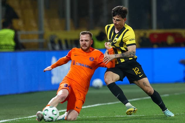 AEK Athens v NK Celje UEFA Europa League Lazaros Rota of AEK Athens and Rudi Pozeg Vancas of NK Celje during the UEFA Europa League Round of 16 Second Leg match at Allwyn Arena, Athens 19 03 2026 UK Newspapers OUT Copyright: xYannisxHalasx FIL-23160-0049