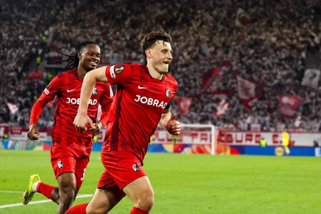 Freiburg, Germany 19 March 2025 Soccer Europa League 2025 2026 Round of 16 SC Freiburg vs KRC Genk In the picture goal scorer Maximilian Eggestein SCF cheers after his goal for 5 1 Europapark Stadion Baden Württemberg Copyright: xFotostandx xHettichx