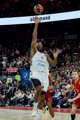 Turkish Airlines EuroLeague Basketball, FC Bayern Munich Basketball vs Dubai Basketball, Munich FC Bayern Basketball, Munich FC Bayern Basketball, Dubai Basketball, 2026 03 19 in Munich SAP Garden KABENGELE Mfiondu Dubai Basketball Center C Nr17 DUB17 sportworld Munich SAP Garden Bayern Germany