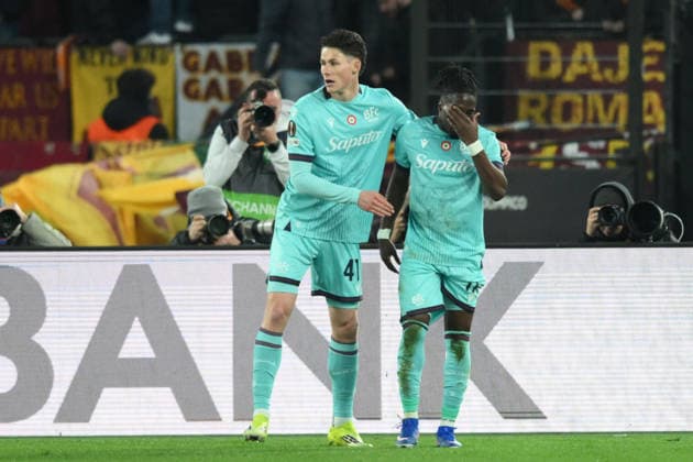 Jonathan Rowe of Bologna FC celebrates after scoring goal in the 22th minute for 0-1 during the match of Uefa Europa League Championship between A.S.Roma and Bologna F.C at the Olimpico Stadium on Mar 19, 2026 in Rome, Italy. during AS Roma vs Bologna FC, Football Europa League match in Roma, Italy, March 19 2026  Copyright: xRobertoxRamaccia IPAxSportx xipa-agency.netx xx IPA_73144746 IPA_Agency_IPA73144746