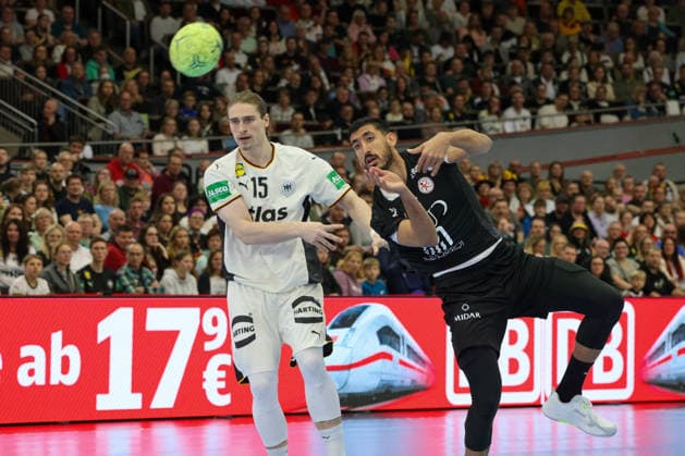 Dortmund, Germany March 19, 2026 Handball international friendly match Germany vs Egypt In the picture from left Juri Knorr Germany and Yehia Khaled Egypt , who throws a goal Copyright: HMBxMedia MadeleinexFantini