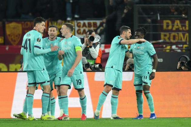 19th March 2026, Stadio Olimpico, Rome, Italy; UEFA Europa League Football; Roma versus Bologna; Jonathan Rowe of Bologna FC celebrates after scoring goal in the 22th minute for 0-1  AllShotLive