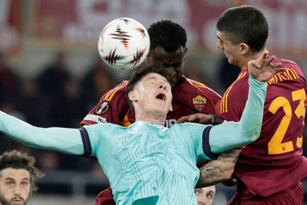 UEFA Europa League round of 16 second leg match AS Roma - Bologna Roma™s Ivorian defender Evan Ndicka scores against bologna goal of 1-1 during UEFA Europa League round of 16 second leg match AS Roma - Bologna at Olimpico stadium on March 19, 2026 in Rome, Italy. _BPH8364 Copyright: xAntonioxBalascox