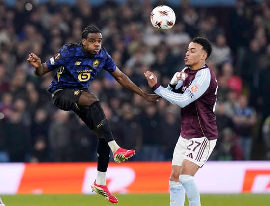 Birmingham, England, 19th March 2026. Nathan Ngoy of LOSC Lille (l) and Morgan Rogers of Aston Villa (r) during the Aston Villa vs LOSC Lille UEFA Europa League round of 16 match at Villa Park, Birmingham. Picture credit should read: Andrew Yates Sportimage EDITORIAL USE ONLY. No use with unauthorised audio, video, data, fixture lists, club league logos or live services. Online in-match use limited to 120 images, no video emulation. No use in betting, games or single club league player publications. SPI_037_AY_Villa_Lille SPI-4627-0037