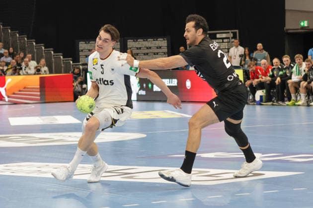 19 03 2026, xgrfx, Handball international, Germany Egypt v l Miro Schluroff Germany , Ibrahim Elmasry Egypt DFL DFB REGULATIONS PROHIBIT ANY USE OF PHOTOGRAPHS as IMAGE SEQUENCES and or QUASI VIDEO Dortmund