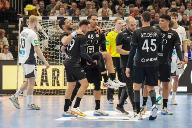 19 03 2026, xgrfx, handball international, Germany Egypt v l injury, Ahmed Hesham Egypt DFL DFB REGULATIONS PROHIBIT ANY USE OF PHOTOGRAPHS as IMAGE SEQUENCES and or QUASI VIDEO Dortmund