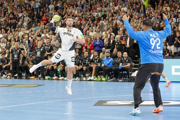 19 03 2026, xgrfx, Handball international, Germany Egypt v l Jannik Kohlbacher Germany , Mohamed Ali Egypt DFL DFB REGULATIONS PROHIBIT ANY USE OF PHOTOGRAPHS as IMAGE SEQUENCES and or QUASI VIDEO Dortmund