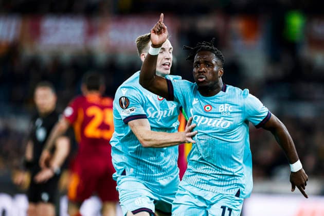March 19, 2026, Rome, ITALIA ROMA: Bologna™s Jonathan Rowe jubilates with his teammates after scoring the 0-1 goal during the UEFA Europa League Round of 16 2st leg match AS Roma vs Bologna FC at the Olimpico stadium in Rome, Italy, 19 March 2026. ANSA ANGELO CARCONI. UEFA Europa League: AS Roma - Bologna FC  - ZUMAa110 20260319_zaf_a110_018 Copyright: xAngeloxCarconix