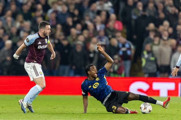 Aston Villa v Lille OSC, Europa League Lille defender Nathan Ngoy (3) gathers ball from Aston Villa midfielder John?McGinn (7) during the Europa League match between Aston Villa and Lille OSC at Villa Park, Birmingham, UK on 19 March 2026. Birmingham Villa Park West Midlands UK Editorial use only , Copyright: xManjitxNarotrax PSI-23923-0017