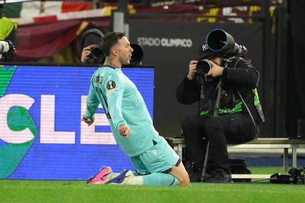 Bologna s Federico Bernardeschi celebrates after scoring the goal 1-2 during the Uefa Europa League soccer match between Roma and Bologna at the Olympic Stadium in Rome, Italy - Thursday, March 19, 2026. - Soccer .  Copyright: xFabrizioxCorradetti LaPressex