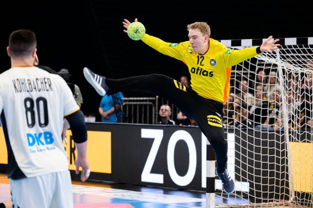Dortmund Handball International Germany Egypt Goalkeeper Lasse Ludwig Germany holds the throw Dortmund Westfalenhalle Nordrhein Westfalen Germany