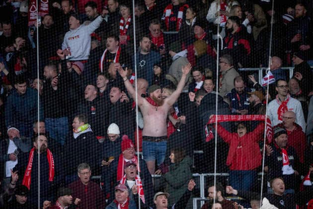 UEFA Europa League FC Midtjylland Nottingham Forest Nottingham Forest s fans celebrate the victory after the match between FC Midtjylland and Nottingham Forest in the Europa League 2nd leg at MCH Arena in Herning on Thursday, March 19, 2026 Photo Bo Amstrup Ritzau Scanpix , Herning Denmark Mors  Copyright: BoxAmrstrupx xRitzauxScanpix BoxAmstrupx spdk20260319-214704-L