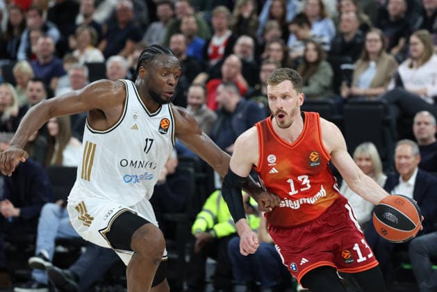 Andreas Obst FC Bayern Basketball, 13 with Mfiondu Kabengele Dubai Basketball, 17 , GER, FC Bayern Basketball vs Dubai Basketball, Basketball, Euroleague, Matchday 32, Season 2025 2026, 19 03 2026, GER, FC Bayern Basketball vs Dubai Basketball, Basketball, Euroleague, Matchday 32, Season 2025 2026, 19 03 2026 Munich Copyright: xEibner-Pressefoto JennixMaulx EP_JML