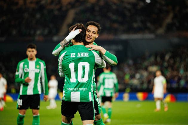 Antony and Ez Abde seen celebrating after scoring goal during UEFA Europa League round of 16 game between teams of Real Betis Balompie and Panathinaikos FC (Maciej Rogowski Ball Raw Images) Sevilla Estadio La Cartuja Spain Copyright: xMaciejxRogowskix maciejrogowski_betis_pao_2526-65