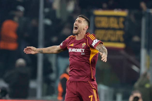 UEFA Europa League round of 16 second leg match AS Roma - Bologna Roma™s Italian midfielder Lorenzo Pellegrini celebrates after scoring a goal during UEFA Europa League round of 16 second leg match AS Roma - Bologna at Olimpico stadium on March 19, 2026 in Rome, Italy. _BPH9892 Copyright: xAntonioxBalascox