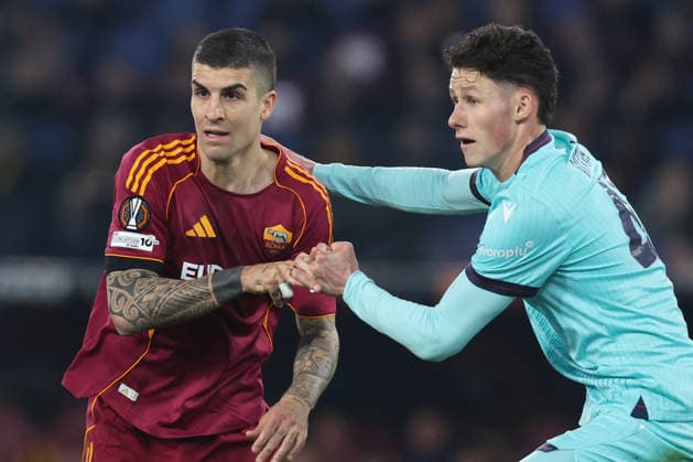 CALCIO - UEFA Europa League - AS Roma vs Bologna FC Rome, Italy - March 19, 2025: Gianluca Mancini (Defender) of AS Roma, Martin Vitik of Bologna aseen in action during the UEFA Europe League 2025 2026, Round of 16 second leg, between AS Roma vs Bologna FC 1909 at stadium in Rome Roma Italy  Copyright: xIPAxSport ABACAx