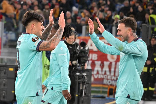 19th March 2026, Stadio Olimpico, Rome, Italy; UEFA Europa League Football; Roma versus Bologna; Santiago Castro of Bologna FC celebrates with his teammate Federico Bernardeschi of Bologna FC after scoring the 1-3 goal  AllShotLive