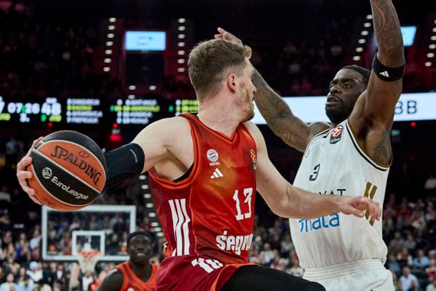 Turkish Airlines EuroLeague Basketball, FC Bayern Munich Basketball vs Dubai Basketball, Munich FC Bayern Basketball, Munich FC Bayern Basketball, Dubai Basketball, 2026 03 19 in Munich SAP Garden OBST Andreas FC Bayern Munich Guard G Nr13 BAY13 , BACON Dwayne Dubai Basketball Forward F Nr3 DUB3 sportworld Munich SAP Garden Bayern Germany