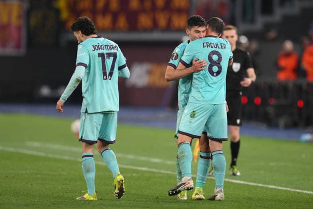19th March 2026, Stadio Olimpico, Rome, Italy; UEFA Europa League Football; Roma versus Bologna; Nicolo Cambiaghi of Bologna FC celebrates after scoring goal in the 111th minute for 3-4  AllShotLive Content restricted for UK based newspaper