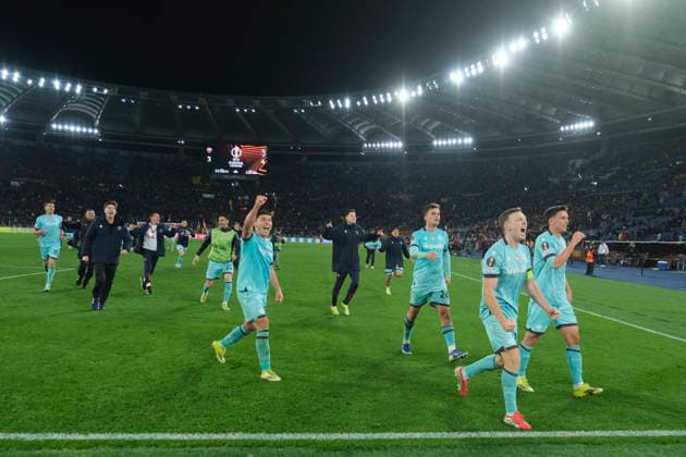 UEFA Europa League round of 16 second leg match AS Roma - Bologna Bologna celebrate victory match during UEFA Europa League round of 16 second leg match AS Roma - Bologna at Olimpico stadium on March 19, 2026 in Rome, Italy. _ABP6576 Copyright: xAntonioxBalascox