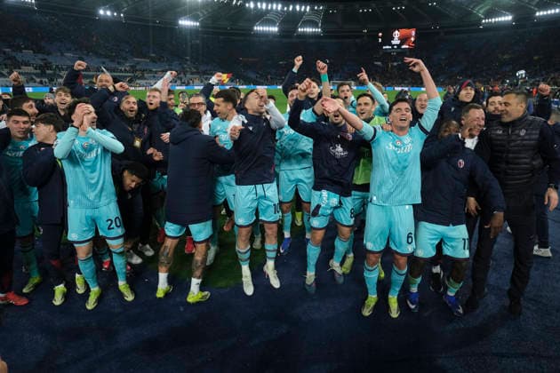 UEFA Europa League round of 16 second leg match AS Roma - Bologna Bologna celebrate victory match during UEFA Europa League round of 16 second leg match AS Roma - Bologna at Olimpico stadium on March 19, 2026 in Rome, Italy. _ABP6667 Copyright: xAntonioxBalascox