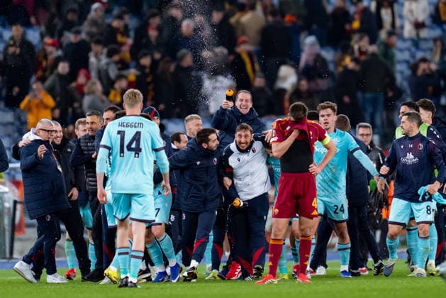 AS Roma v Bologna FC 1909 - UEFA Europa League 2025 26 Round of 16 Second Leg Players of Bologna FC celebrate the victory at the end of the UEFA Europa League 2025 26 Round of 16 Second Leg match between AS Roma and Bologna FC 1909 at Stadio Olimpico on March 19, 2026 in Rome, Italy. Roma Stadio Olimpico Roma Italy Copyright: xGiuseppexMaffiax 260319_UEL_Roma-Bologna_06131