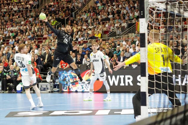 19 03 2026, xgrfx, Handball international, Germany Egypt v l Seif Elderea Egypt , David Späth Germany DFL DFB REGULATIONS PROHIBIT ANY USE OF PHOTOGRAPHS as IMAGE SEQUENCES and or QUASI VIDEO Dortmund