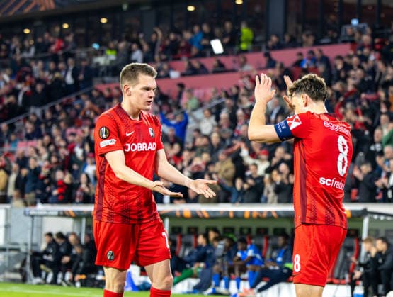 Football Europe UEFA Europa League 2025 2026 Round of 16, 19 03 2026 SC Freiburg vs KRC Genk Europa Park Stadion Freiburg im Breisgau, Germany Goal celebration SC Freiburg Matthias Ginter SC Freiburg, 28 and Maximilian Eggestein SC Freiburg, 8 Copyright: xAmiirxAmedjouax