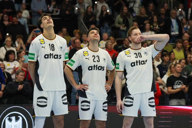 Dortmund, Germany 19 March 2026 Handball international friendly match Germany vs Egypt In the picture from left to right Julian Köster Koester Germany and Renars Uscins Germany and Tom Kiesler Germany Copyright: HMBxMedia MadeleinexFantini