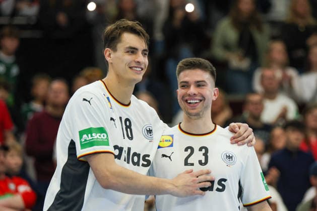 Dortmund, Germany 19 March 2026 Handball international friendly match Germany vs Egypt In the picture from left Julian Köster Koester Germany and Renars Uscins Germany Copyright: HMBxMedia MadeleinexFantini